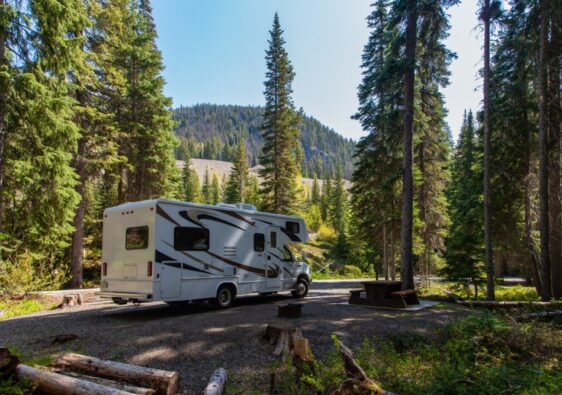 JASPER, CANADA - Jun 03, 2019: Beautiful campsite in the forest on a lovely sunny day. There is an RV and a wooden bench and a mountain in the background.